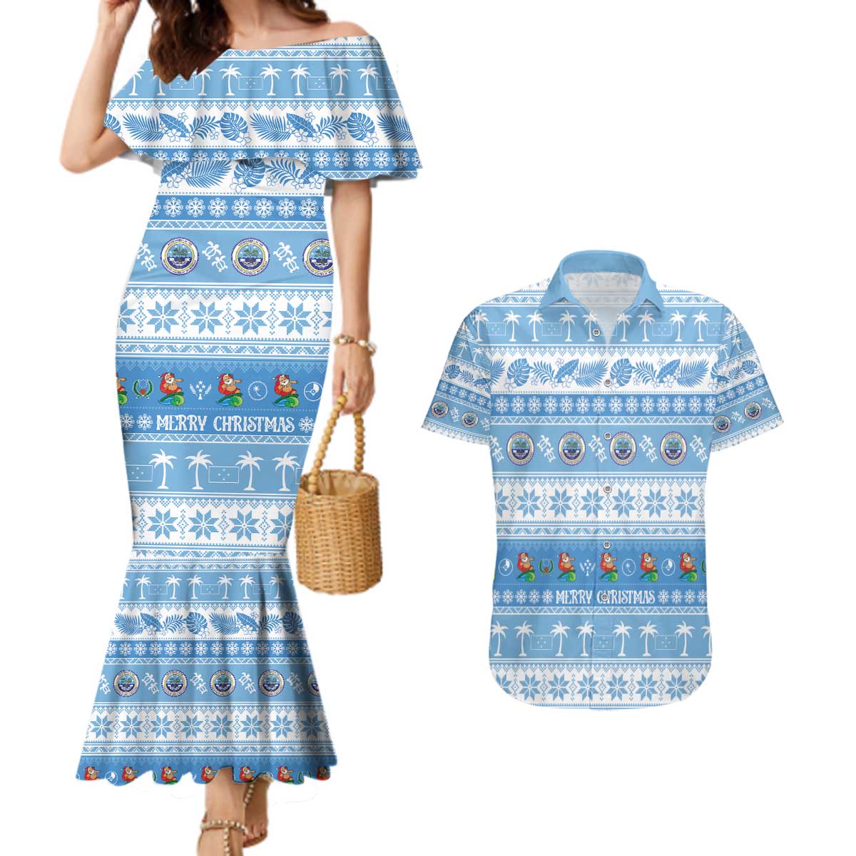 FSM Christmas Couples Matching Mermaid Dress and Hawaiian Shirt Merry Xmas Federated States of Micronesia LT14 Blue - Polynesian Pride