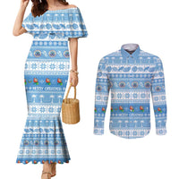 FSM Christmas Couples Matching Mermaid Dress and Long Sleeve Button Shirt Merry Xmas Federated States of Micronesia LT14 Blue - Polynesian Pride