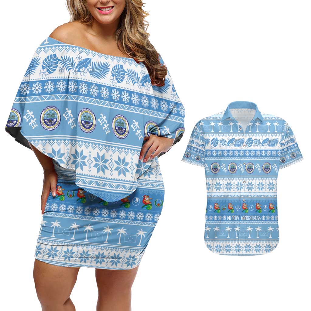 FSM Christmas Couples Matching Off Shoulder Short Dress and Hawaiian Shirt Merry Xmas Federated States of Micronesia LT14 Blue - Polynesian Pride