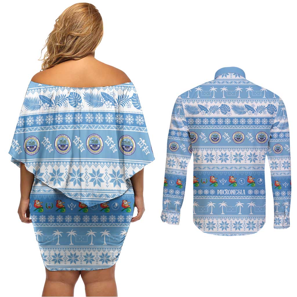 FSM Christmas Couples Matching Off Shoulder Short Dress and Long Sleeve Button Shirt Merry Xmas Federated States of Micronesia LT14 - Polynesian Pride