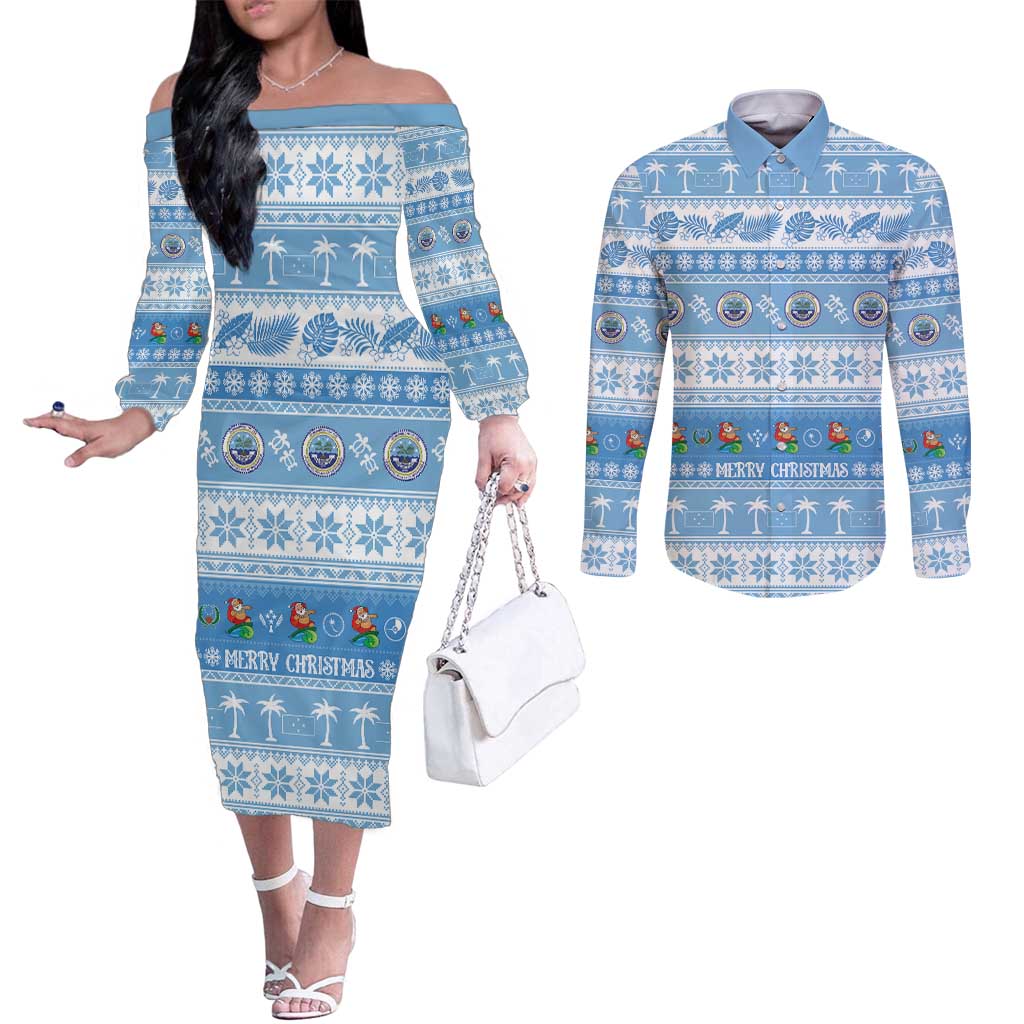 FSM Christmas Couples Matching Off The Shoulder Long Sleeve Dress and Long Sleeve Button Shirt Merry Xmas Federated States of Micronesia LT14 Blue - Polynesian Pride