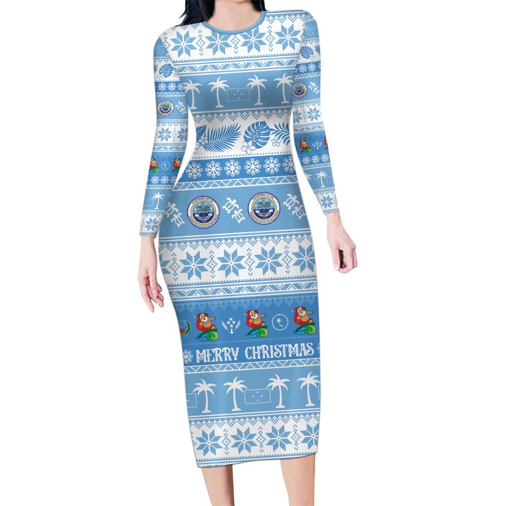 FSM Christmas Family Matching Long Sleeve Bodycon Dress and Hawaiian Shirt Merry Xmas Federated States of Micronesia LT14 Mom's Dress Blue - Polynesian Pride