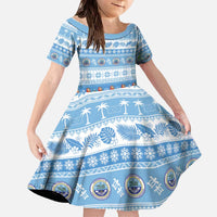 FSM Christmas Family Matching Off The Shoulder Long Sleeve Dress and Hawaiian Shirt Merry Xmas Federated States of Micronesia LT14 Daughter's Dress Blue - Polynesian Pride