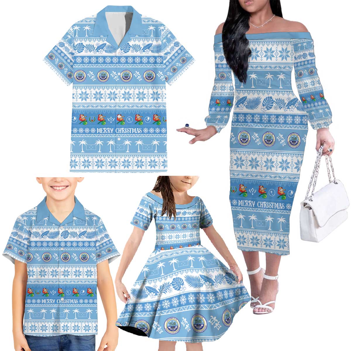 FSM Christmas Family Matching Off The Shoulder Long Sleeve Dress and Hawaiian Shirt Merry Xmas Federated States of Micronesia LT14 - Polynesian Pride
