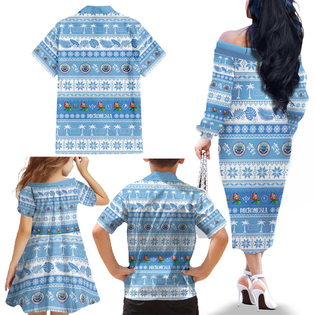 FSM Christmas Family Matching Off The Shoulder Long Sleeve Dress and Hawaiian Shirt Merry Xmas Federated States of Micronesia LT14 - Polynesian Pride
