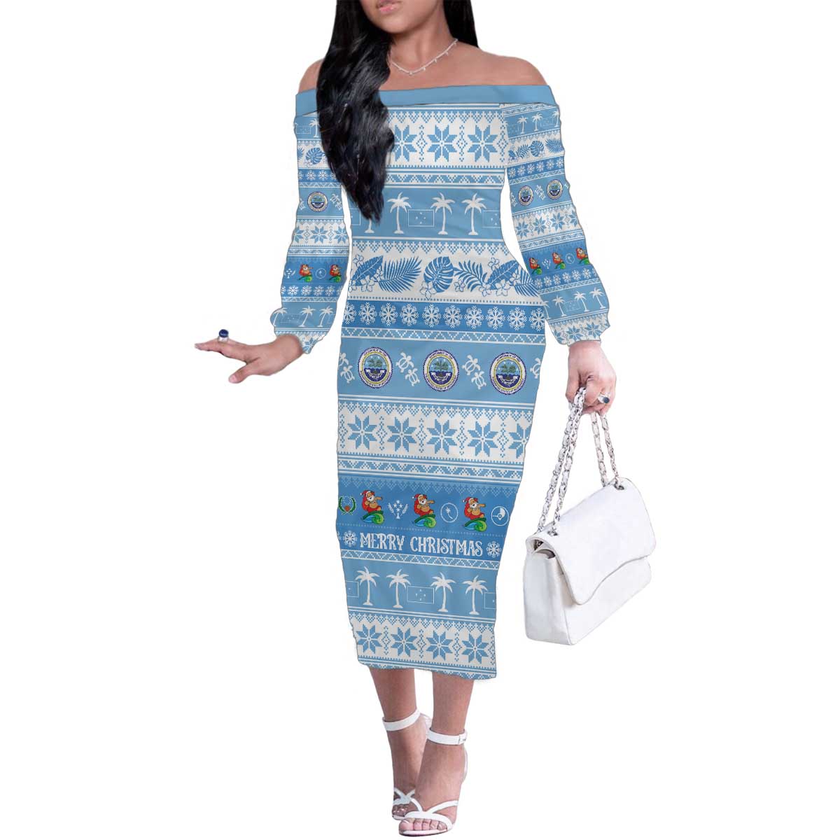 FSM Christmas Family Matching Off The Shoulder Long Sleeve Dress and Hawaiian Shirt Merry Xmas Federated States of Micronesia LT14 Mom's Dress Blue - Polynesian Pride