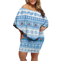 FSM Christmas Family Matching Off Shoulder Short Dress and Hawaiian Shirt Merry Xmas Federated States of Micronesia LT14 Mom's Dress Blue - Polynesian Pride