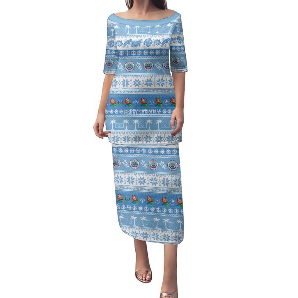 FSM Christmas Family Matching Puletasi and Hawaiian Shirt Merry Xmas Federated States of Micronesia LT14 Mom's Dress Blue - Polynesian Pride