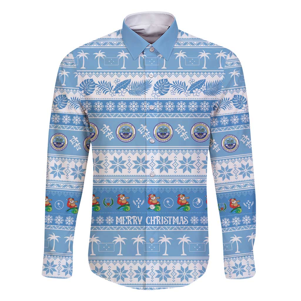 FSM Christmas Family Matching Short Sleeve Bodycon Dress and Hawaiian Shirt Merry Xmas Federated States of Micronesia LT14 Dad's Shirt - Long Sleeve Blue - Polynesian Pride