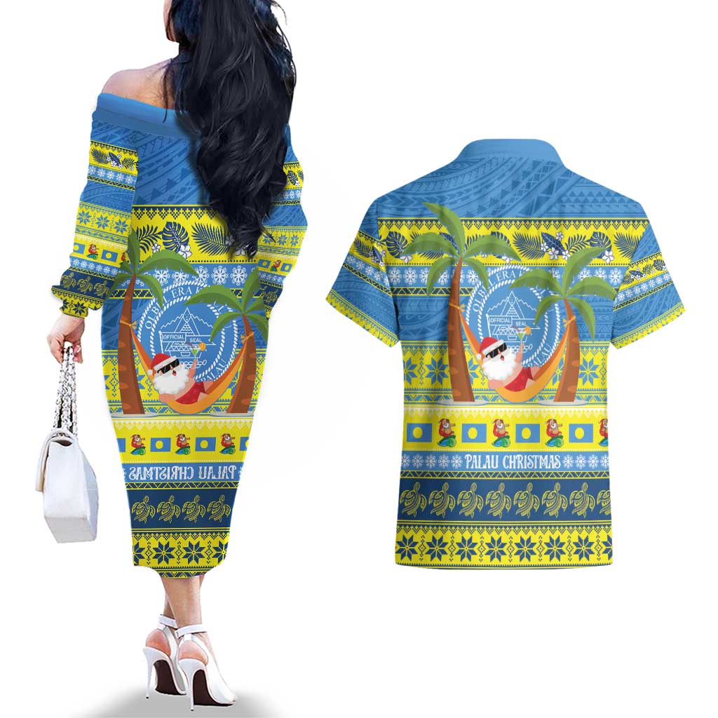 Palau Christmas Couples Matching Off The Shoulder Long Sleeve Dress and Hawaiian Shirt Chilling Santa Ungil Kurismas LT14 - Polynesian Pride