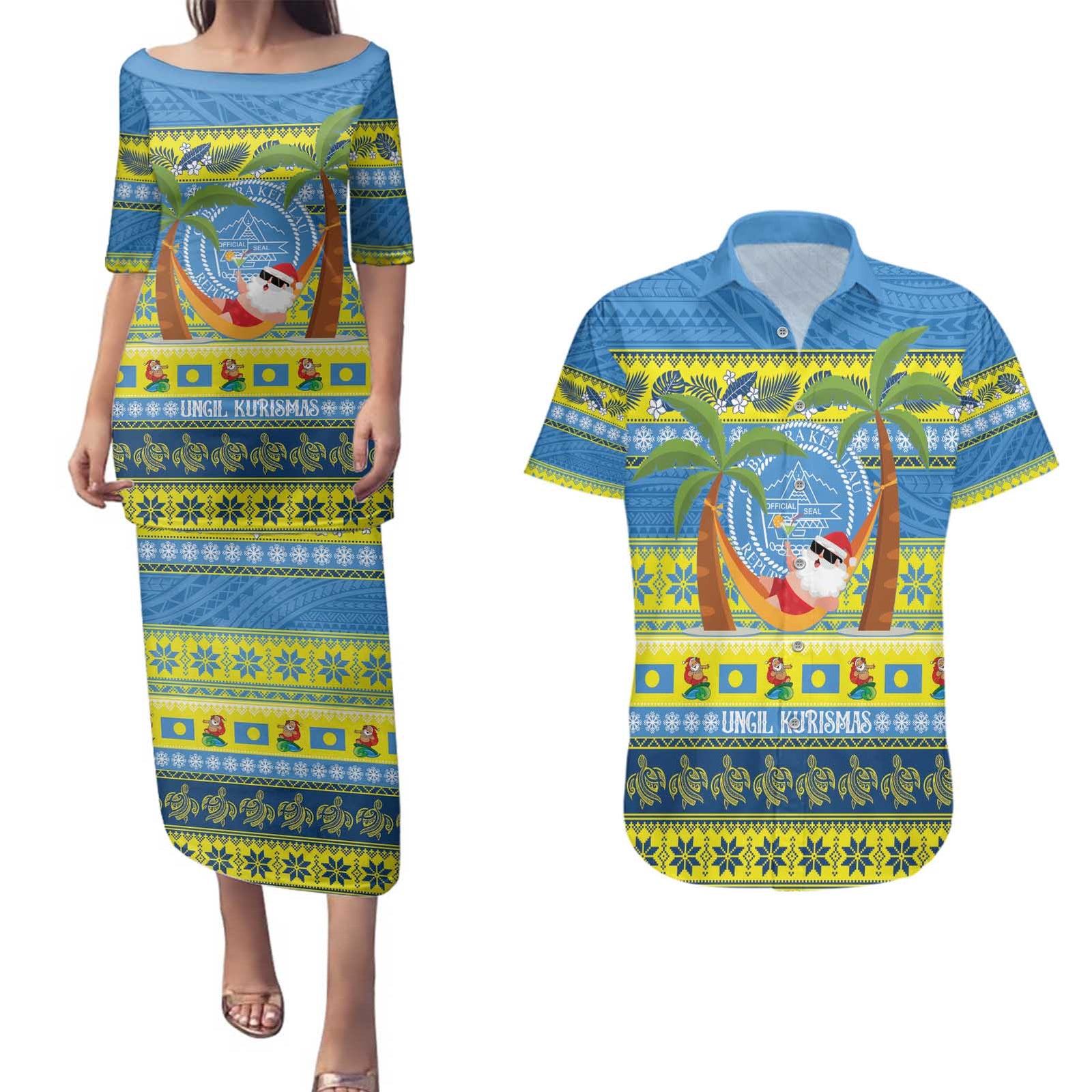 Palau Christmas Couples Matching Puletasi and Hawaiian Shirt Chilling Santa Ungil Kurismas - Polynesian Pride