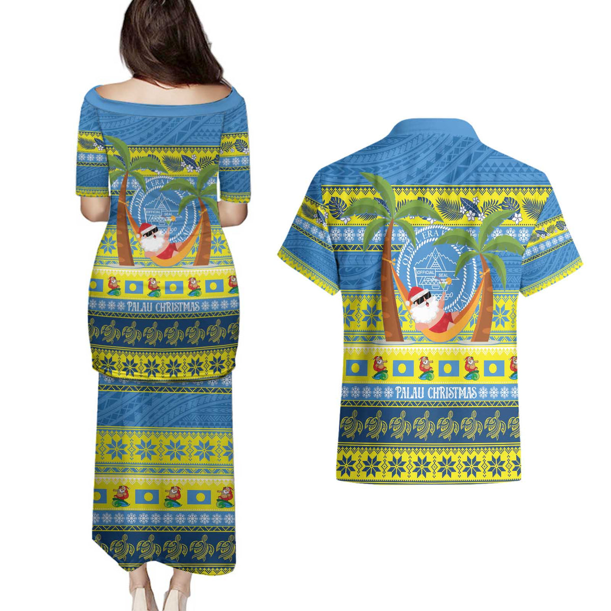 Palau Christmas Couples Matching Puletasi and Hawaiian Shirt Chilling Santa Ungil Kurismas - Polynesian Pride