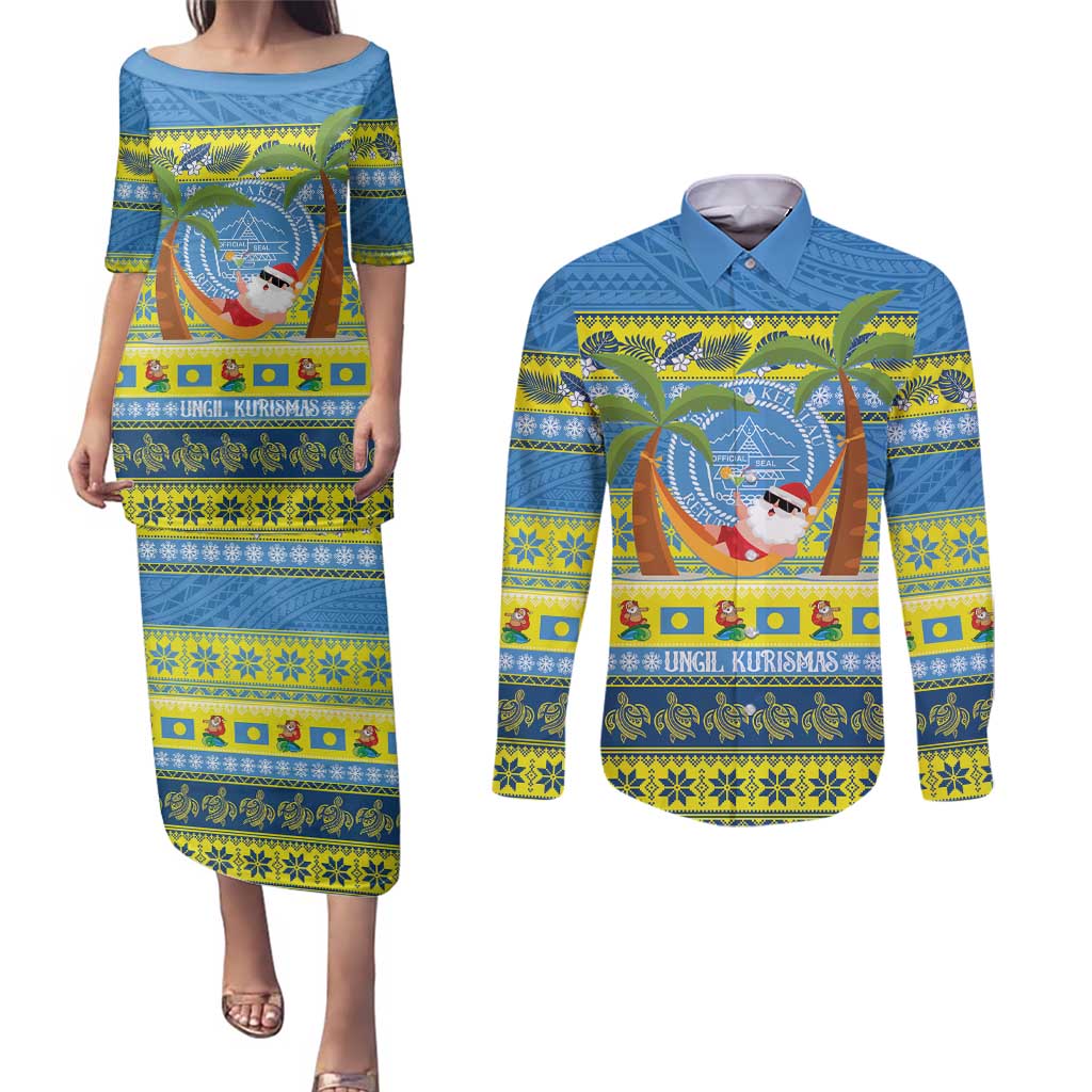 Palau Christmas Couples Matching Puletasi and Long Sleeve Button Shirt Chilling Santa Ungil Kurismas - Polynesian Pride