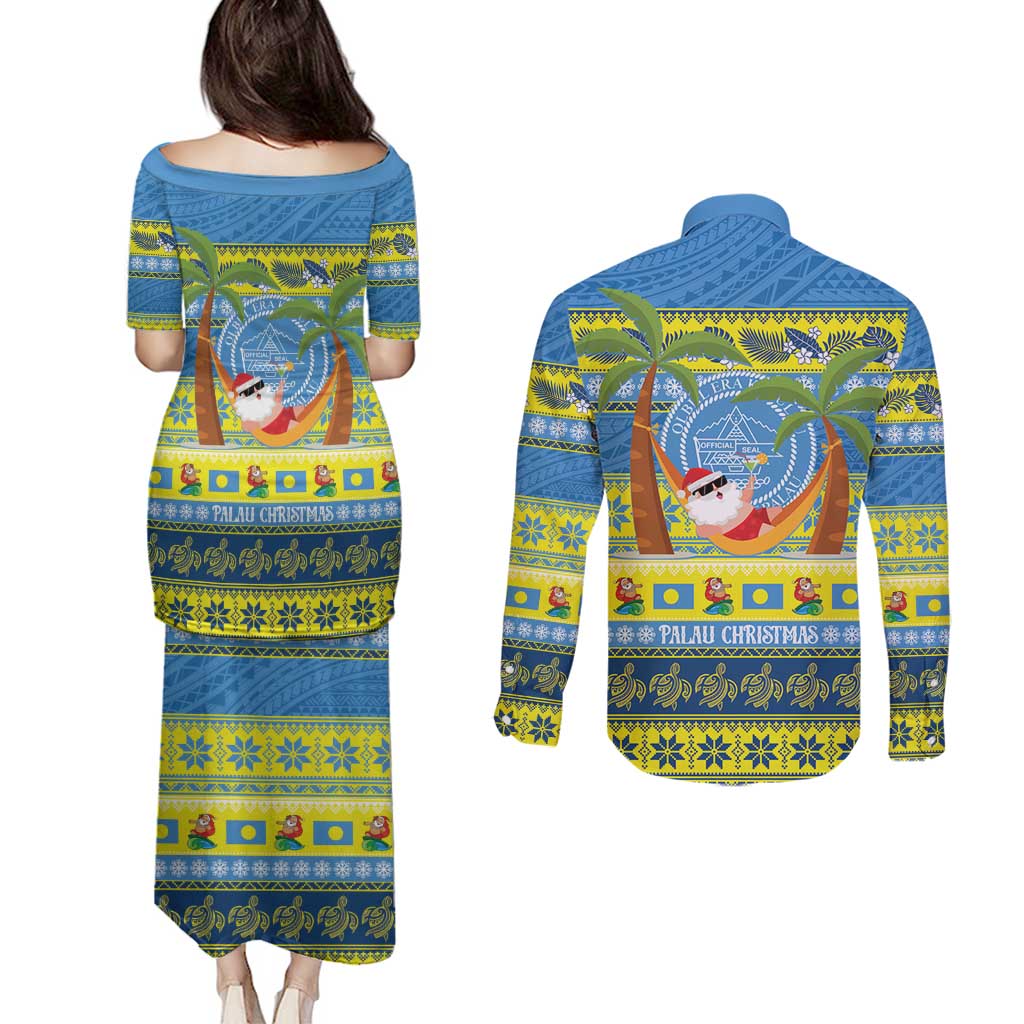 Palau Christmas Couples Matching Puletasi and Long Sleeve Button Shirt Chilling Santa Ungil Kurismas - Polynesian Pride
