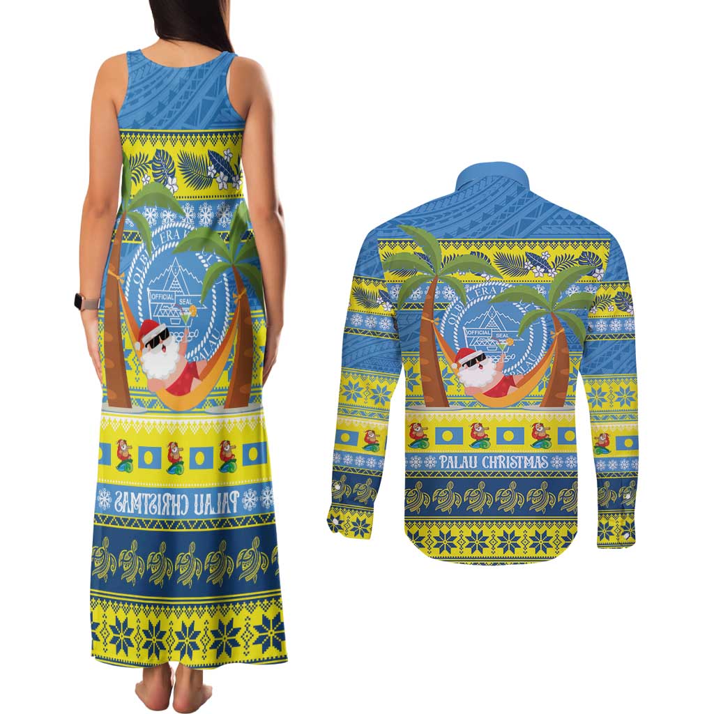 Palau Christmas Couples Matching Tank Maxi Dress and Long Sleeve Button Shirt Chilling Santa Ungil Kurismas - Polynesian Pride