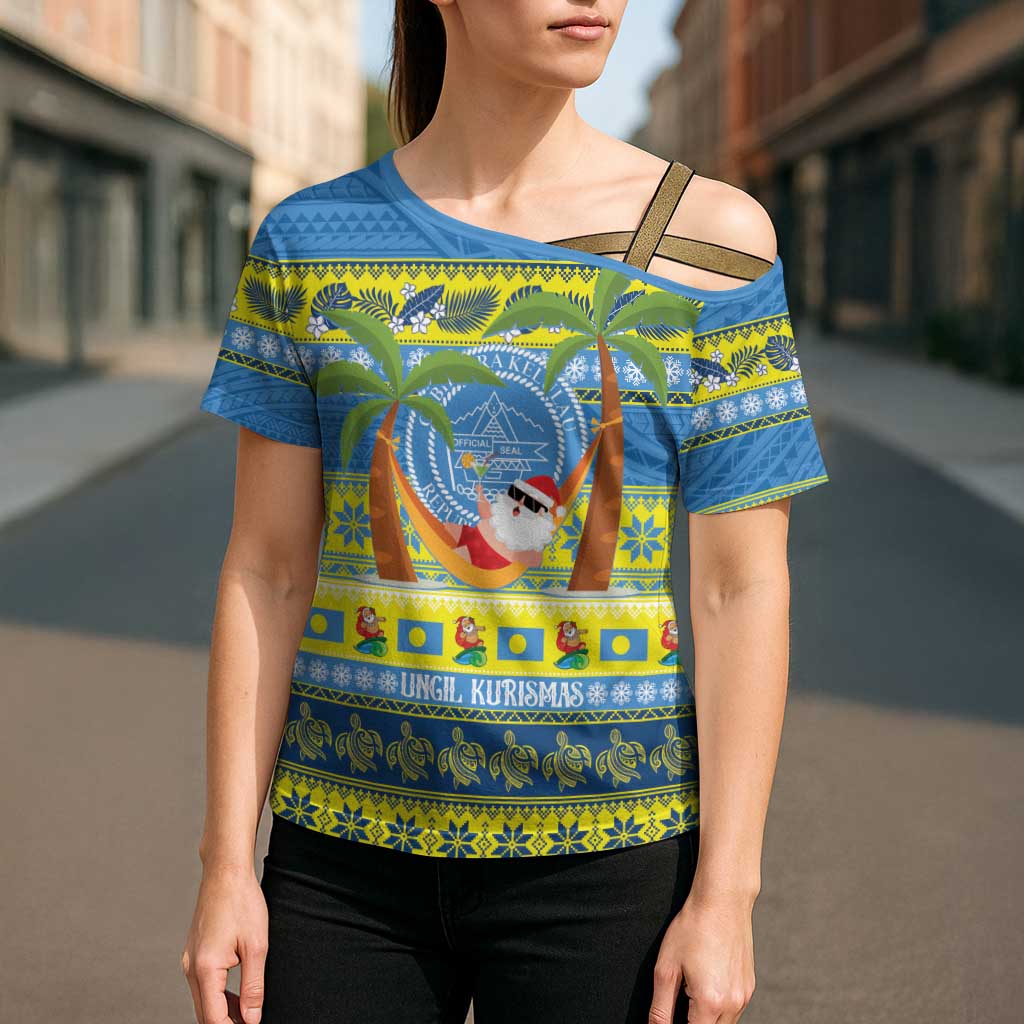 Palau Christmas Cross Shoulder Shirt Chilling Santa Ungil Kurismas - Polynesian Pride