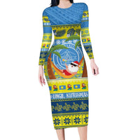 Palau Christmas Family Matching Long Sleeve Bodycon Dress and Hawaiian Shirt Chilling Santa Ungil Kurismas LT14 Mom's Dress Yellow - Polynesian Pride