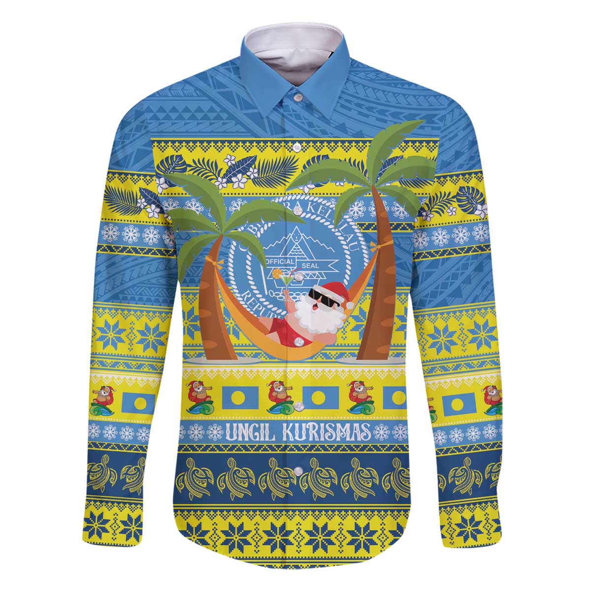 Palau Christmas Family Matching Off The Shoulder Long Sleeve Dress and Hawaiian Shirt Chilling Santa Ungil Kurismas LT14 Dad's Shirt - Long Sleeve Yellow - Polynesian Pride