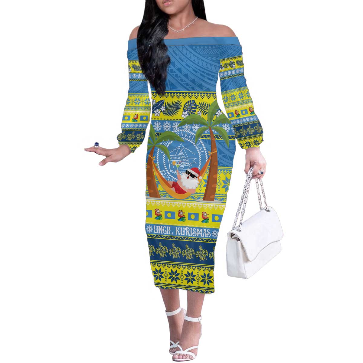 Palau Christmas Family Matching Off The Shoulder Long Sleeve Dress and Hawaiian Shirt Chilling Santa Ungil Kurismas LT14 Mom's Dress Yellow - Polynesian Pride