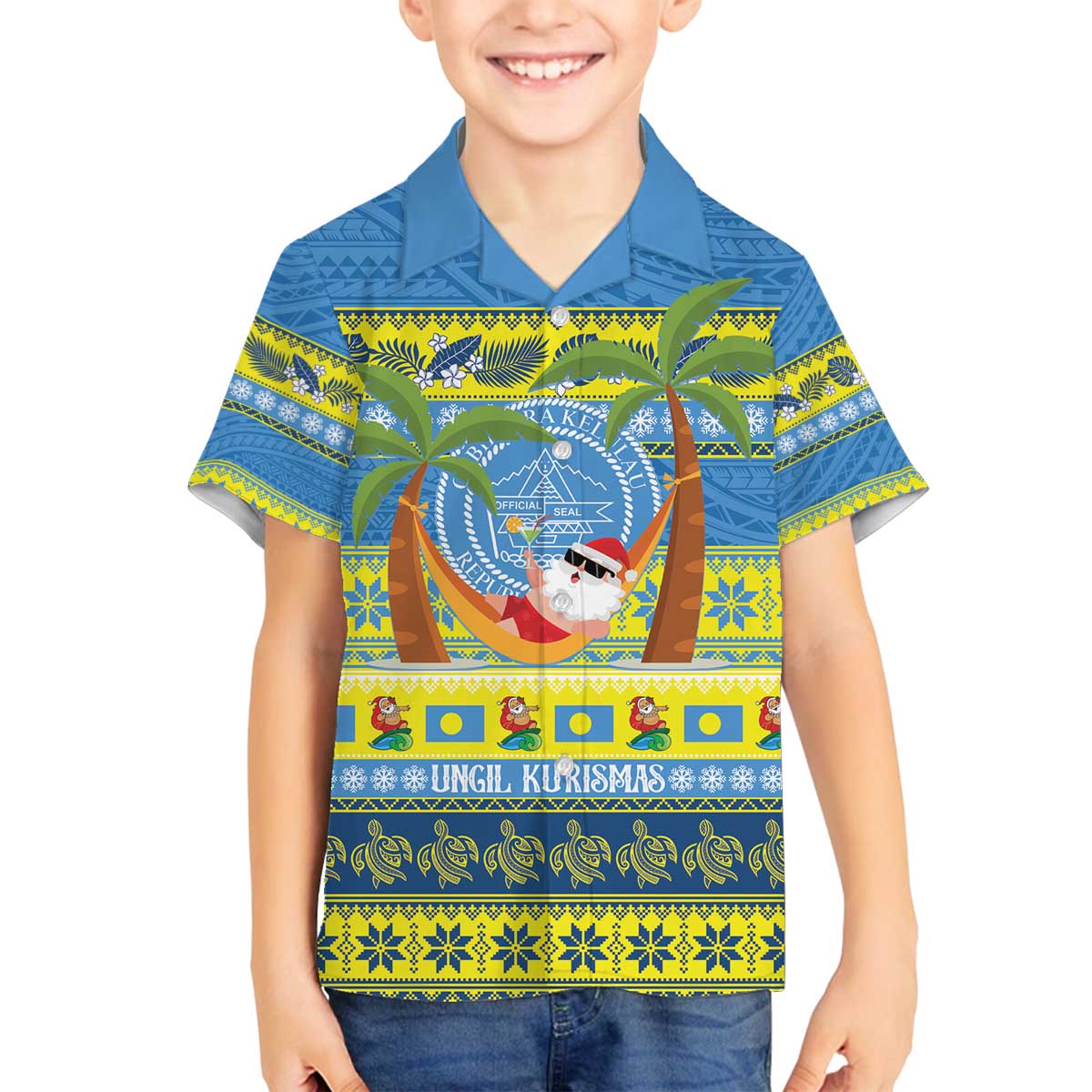 Palau Christmas Family Matching Off The Shoulder Long Sleeve Dress and Hawaiian Shirt Chilling Santa Ungil Kurismas LT14 Son's Shirt Yellow - Polynesian Pride