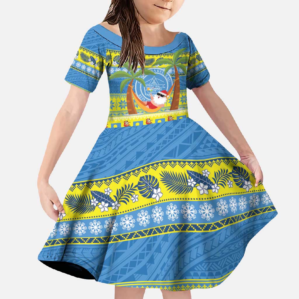 Palau Christmas Family Matching Short Sleeve Bodycon Dress and Hawaiian Shirt Chilling Santa Ungil Kurismas LT14 Daughter's Dress Yellow - Polynesian Pride