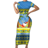 Palau Christmas Family Matching Short Sleeve Bodycon Dress and Hawaiian Shirt Chilling Santa Ungil Kurismas LT14 Mom's Dress Yellow - Polynesian Pride