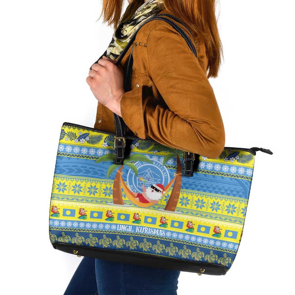 Palau Christmas Leather Tote Bag Chilling Santa Ungil Kurismas - Polynesian Pride