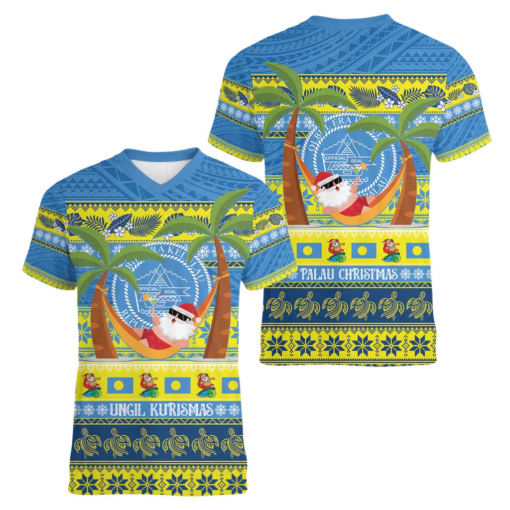 Palau Christmas Women V-Neck T-Shirt Chilling Santa Ungil Kurismas - Polynesian Pride