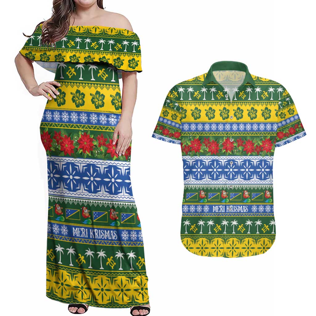 Solomon Islands Christmas Couples Matching Off Shoulder Maxi Dress and Hawaiian Shirt The Solomons Melanesian Meri Krismas LT14 Green - Polynesian Pride