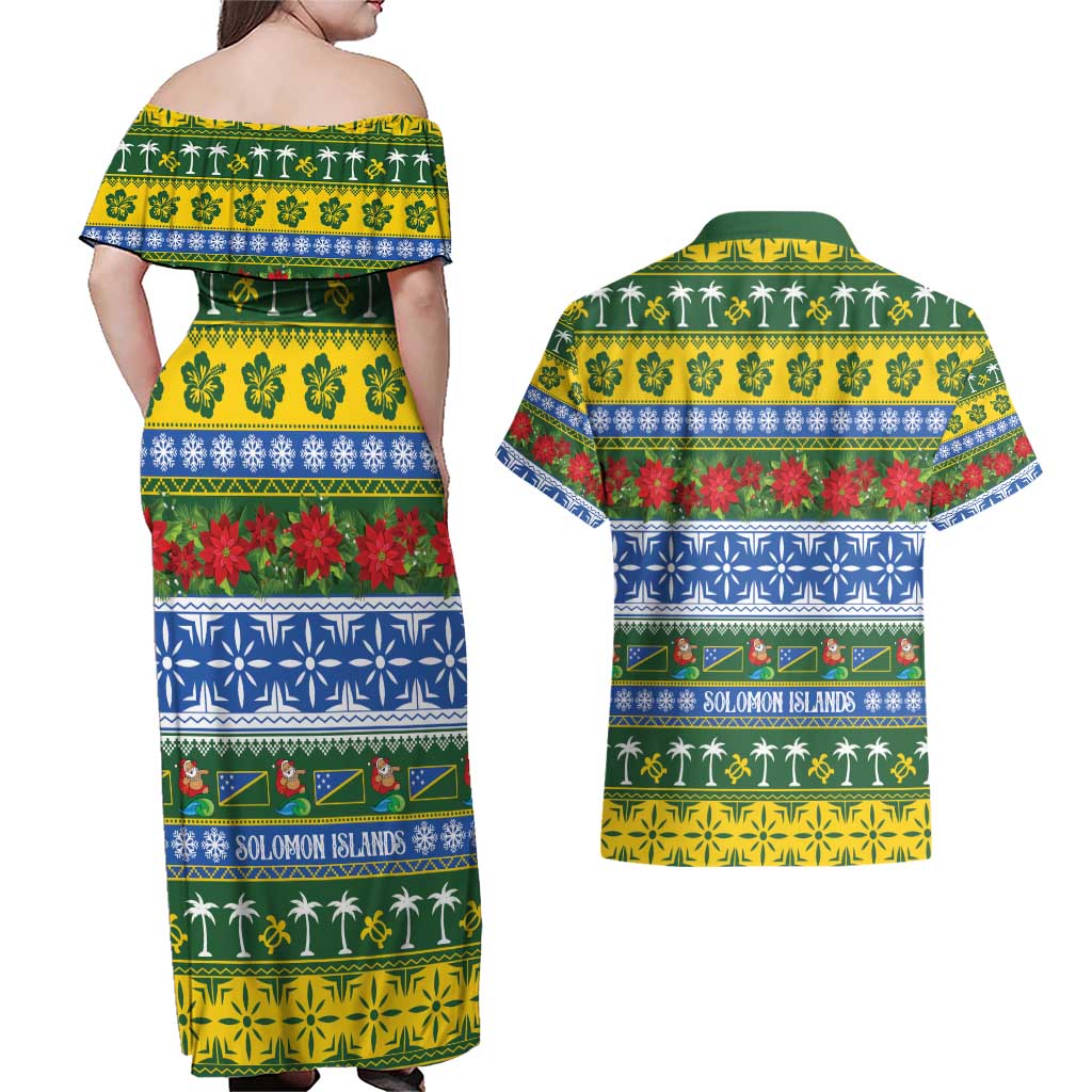Solomon Islands Christmas Couples Matching Off Shoulder Maxi Dress and Hawaiian Shirt The Solomons Melanesian Meri Krismas LT14 - Polynesian Pride