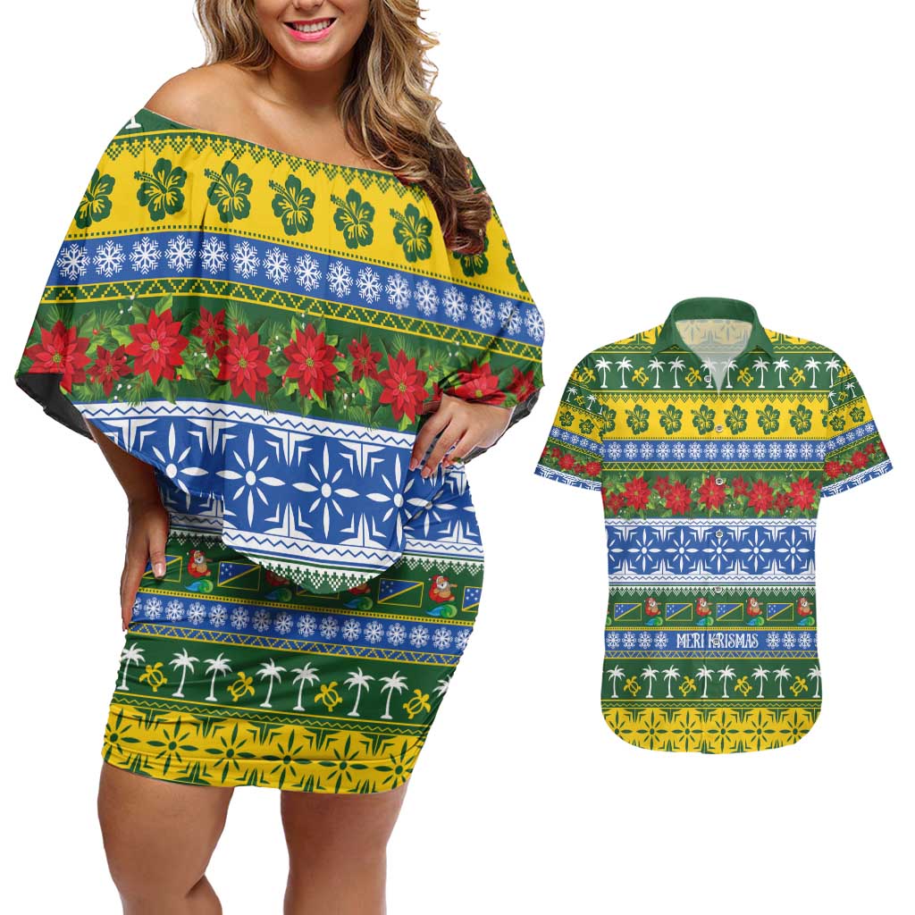 Solomon Islands Christmas Couples Matching Off Shoulder Short Dress and Hawaiian Shirt The Solomons Melanesian Meri Krismas LT14 Green - Polynesian Pride