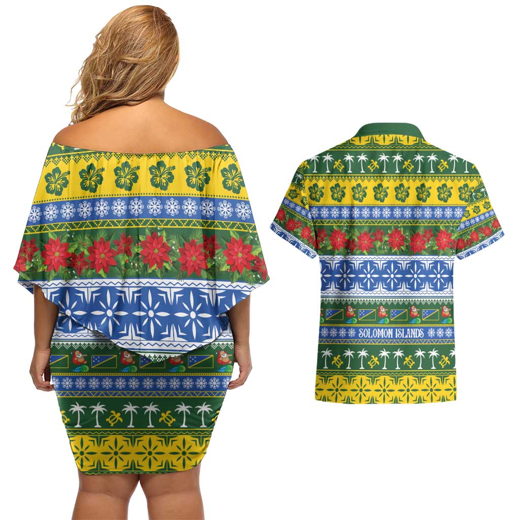 Solomon Islands Christmas Couples Matching Off Shoulder Short Dress and Hawaiian Shirt The Solomons Melanesian Meri Krismas LT14 - Polynesian Pride