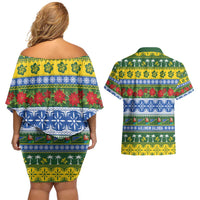 Solomon Islands Christmas Couples Matching Off Shoulder Short Dress and Hawaiian Shirt The Solomons Melanesian Meri Krismas LT14 - Polynesian Pride