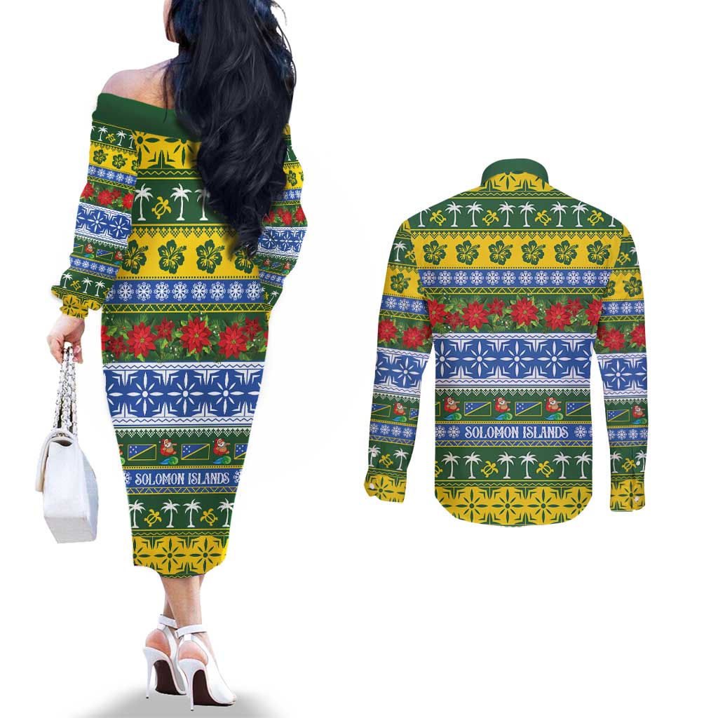 Solomon Islands Christmas Couples Matching Off The Shoulder Long Sleeve Dress and Long Sleeve Button Shirt The Solomons Melanesian Meri Krismas LT14 - Polynesian Pride