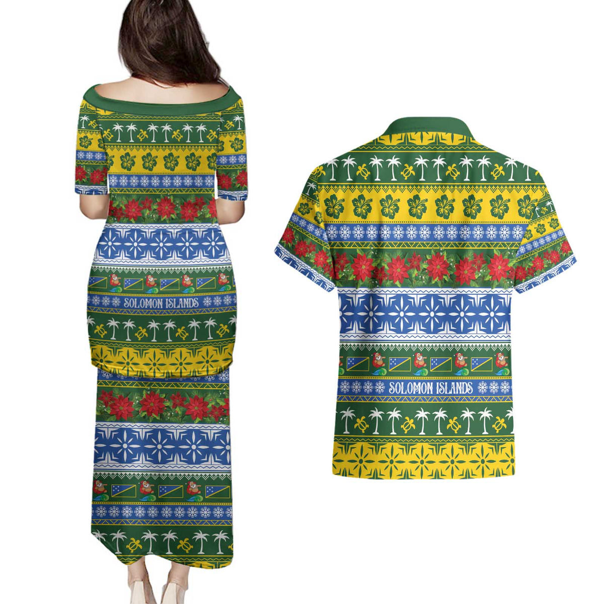 Solomon Islands Christmas Couples Matching Puletasi and Hawaiian Shirt The Solomons Melanesian Meri Krismas - Polynesian Pride
