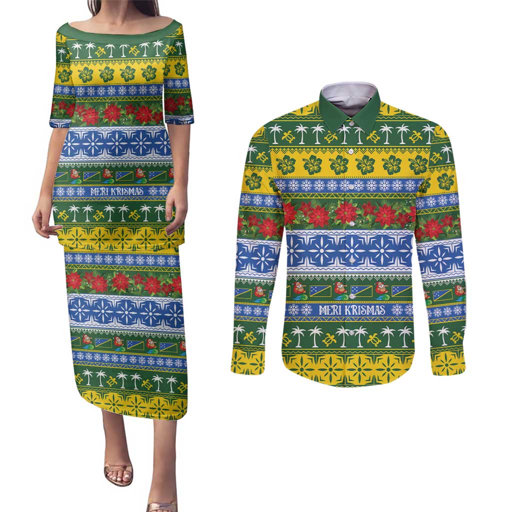 Solomon Islands Christmas Couples Matching Puletasi and Long Sleeve Button Shirt The Solomons Melanesian Meri Krismas - Polynesian Pride