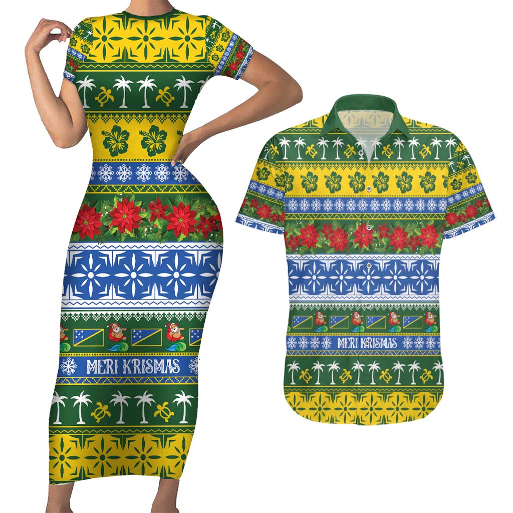 Solomon Islands Christmas Couples Matching Short Sleeve Bodycon Dress and Hawaiian Shirt The Solomons Melanesian Meri Krismas LT14 Green - Polynesian Pride