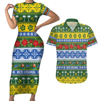 Solomon Islands Christmas Couples Matching Short Sleeve Bodycon Dress and Hawaiian Shirt The Solomons Melanesian Meri Krismas LT14 Green - Polynesian Pride