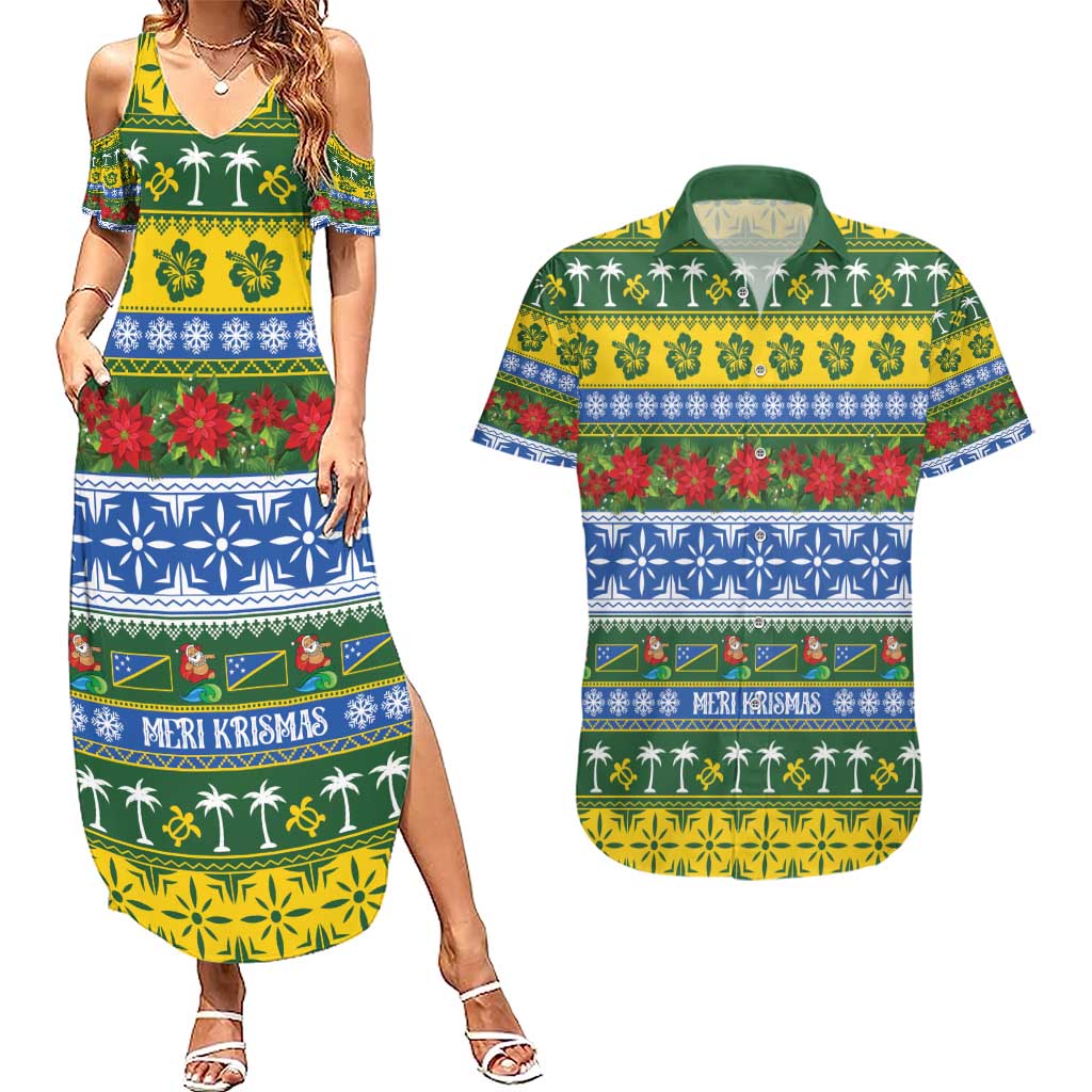 Solomon Islands Christmas Couples Matching Summer Maxi Dress and Hawaiian Shirt The Solomons Melanesian Meri Krismas LT14 Green - Polynesian Pride