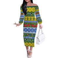 Solomon Islands Christmas Family Matching Off The Shoulder Long Sleeve Dress and Hawaiian Shirt The Solomons Melanesian Meri Krismas LT14 Mom's Dress Green - Polynesian Pride