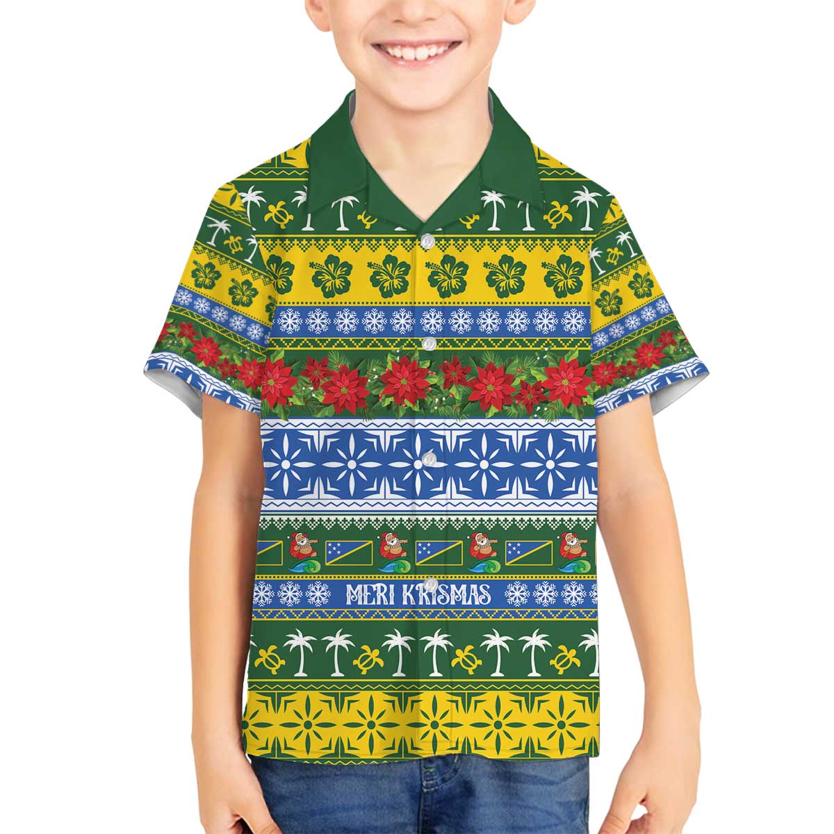 Solomon Islands Christmas Family Matching Off The Shoulder Long Sleeve Dress and Hawaiian Shirt The Solomons Melanesian Meri Krismas LT14 Son's Shirt Green - Polynesian Pride