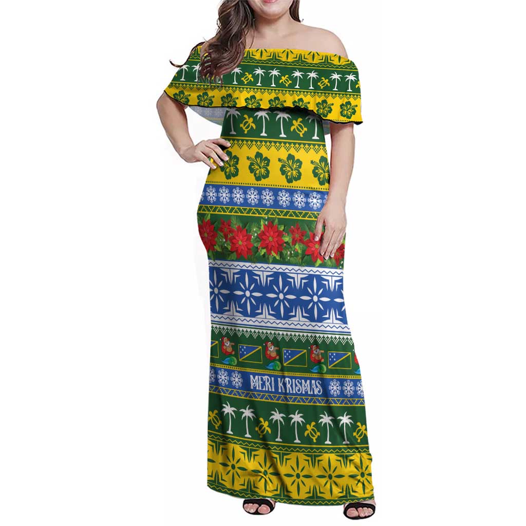 Solomon Islands Christmas Family Matching Off Shoulder Maxi Dress and Hawaiian Shirt The Solomons Melanesian Meri Krismas LT14 Mom's Dress Green - Polynesian Pride