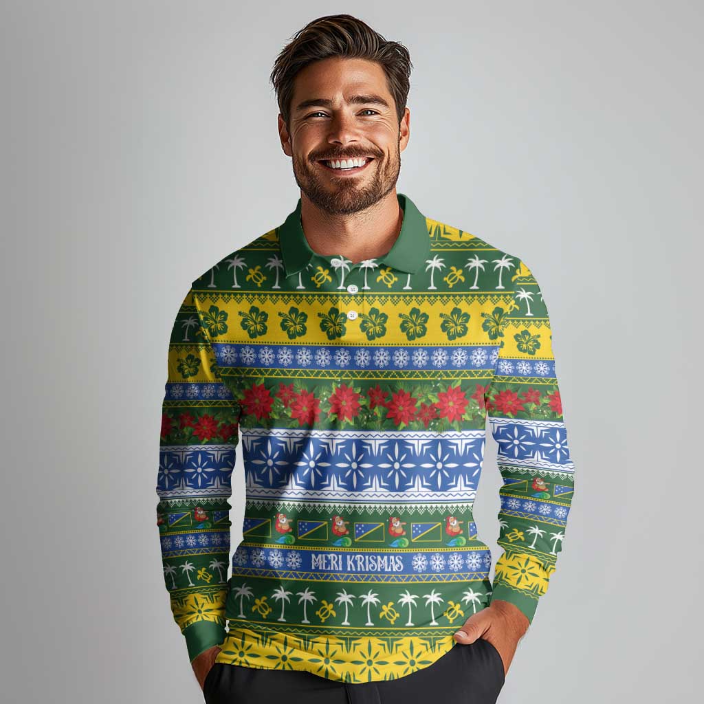 Solomon Islands Christmas Long Sleeve Polo Shirt The Solomons Melanesian Meri Krismas - Polynesian Pride