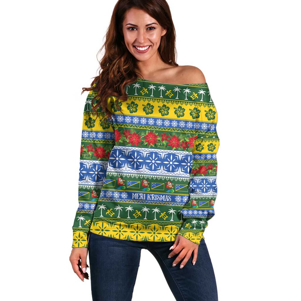 Solomon Islands Christmas Off Shoulder Sweater The Solomons Melanesian Meri Krismas LT14 Women Green - Polynesian Pride