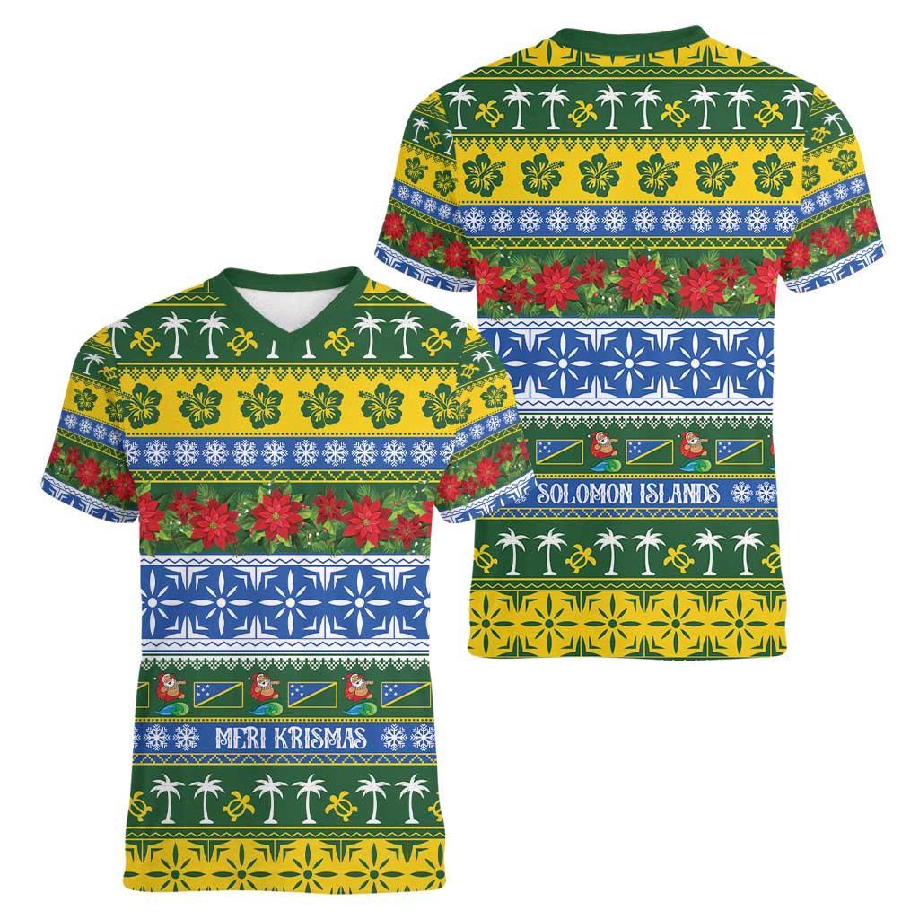 Solomon Islands Christmas Women V-Neck T-Shirt The Solomons Melanesian Meri Krismas - Polynesian Pride