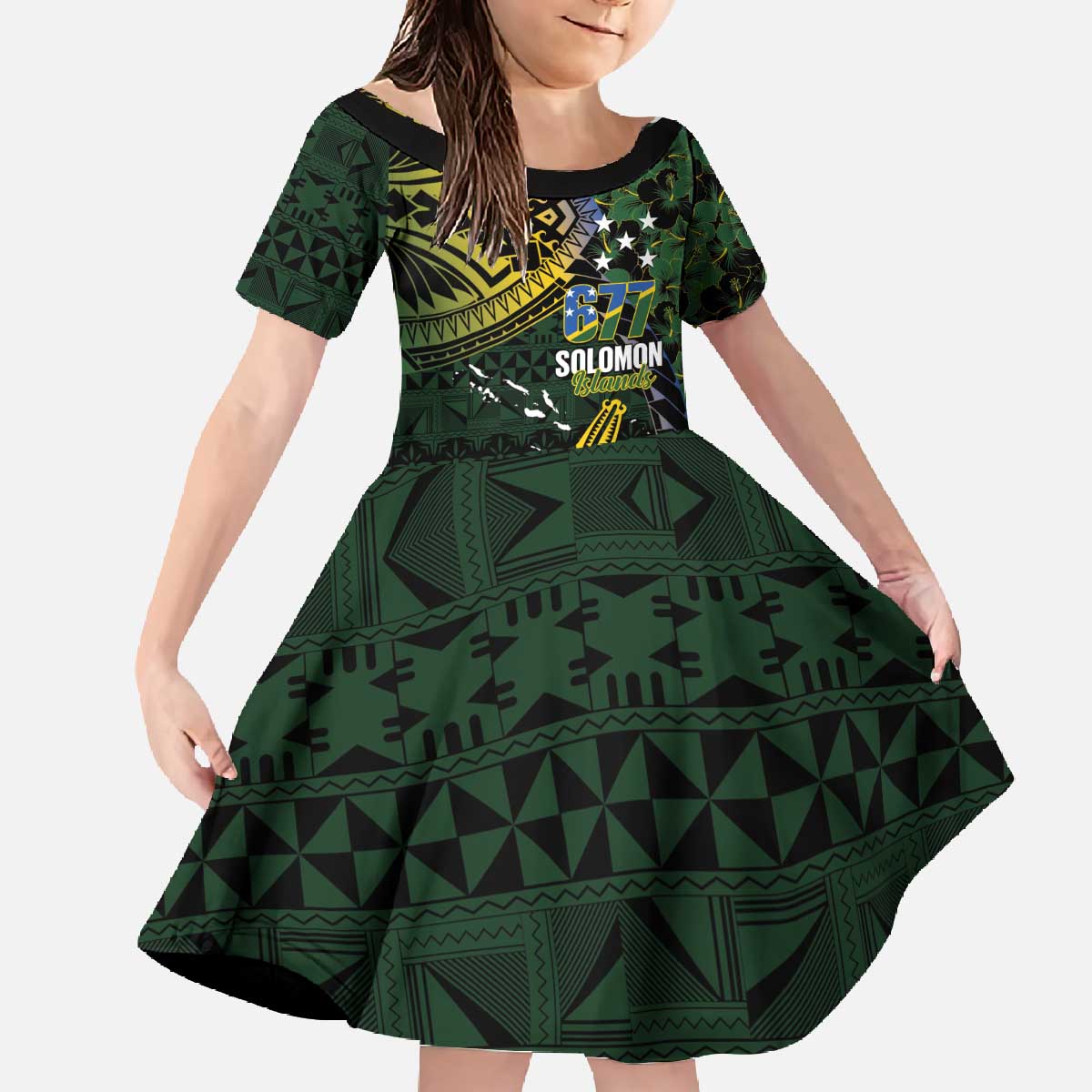 Solomon Islands Family Matching Off The Shoulder Long Sleeve Dress and Hawaiian Shirt 677 Proud Crocodile Melanesian Pattern LT14 Daughter's Dress Black - Polynesian Pride
