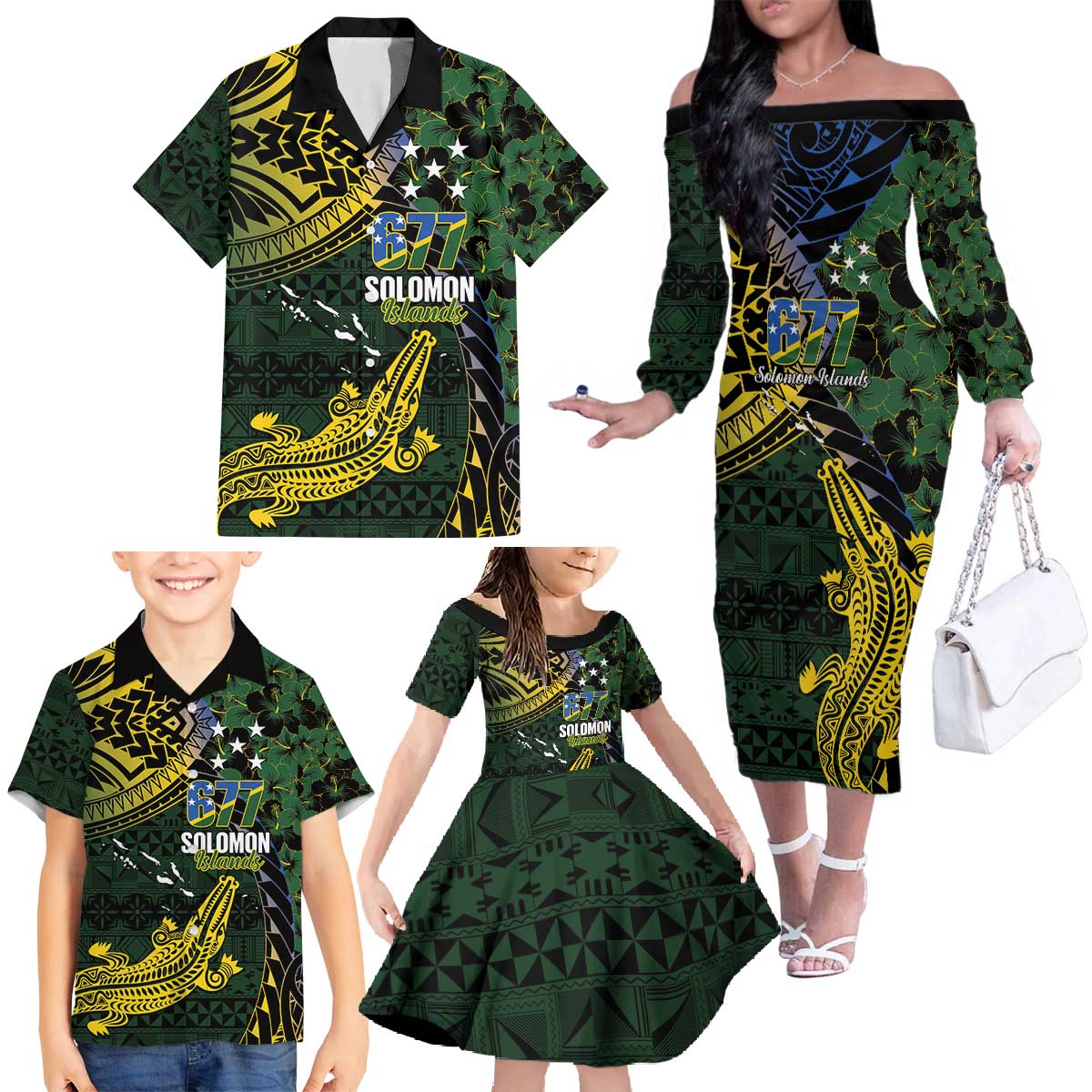 Solomon Islands Family Matching Off The Shoulder Long Sleeve Dress and Hawaiian Shirt 677 Proud Crocodile Melanesian Pattern - Polynesian Pride