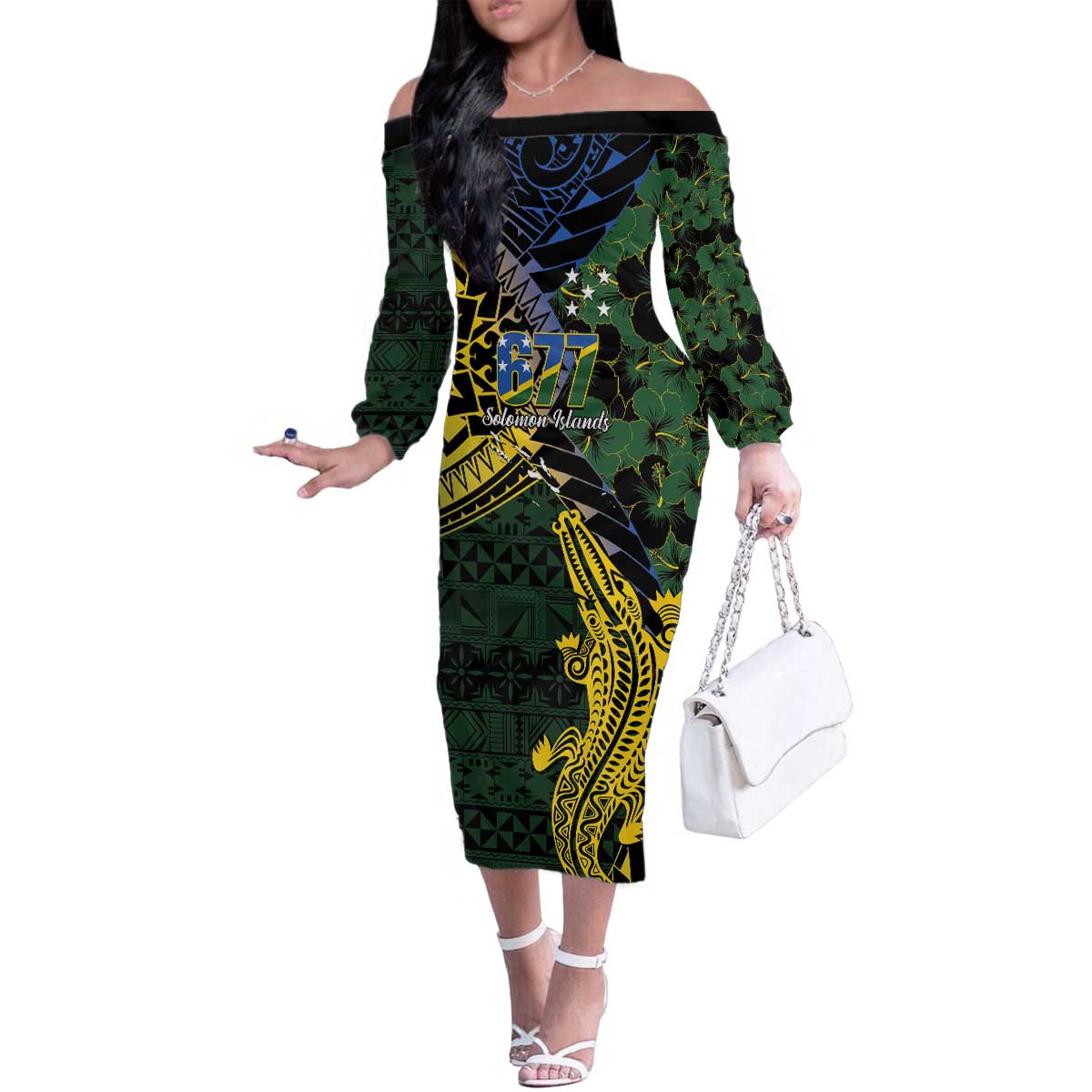 Solomon Islands Family Matching Off The Shoulder Long Sleeve Dress and Hawaiian Shirt 677 Proud Crocodile Melanesian Pattern LT14 Mom's Dress Black - Polynesian Pride