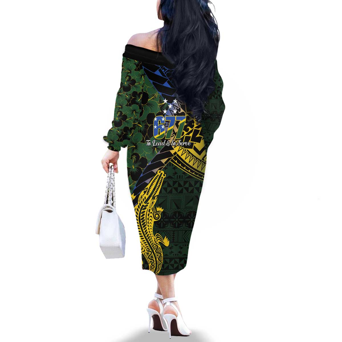 Solomon Islands Family Matching Off The Shoulder Long Sleeve Dress and Hawaiian Shirt 677 Proud Crocodile Melanesian Pattern LT14 - Polynesian Pride