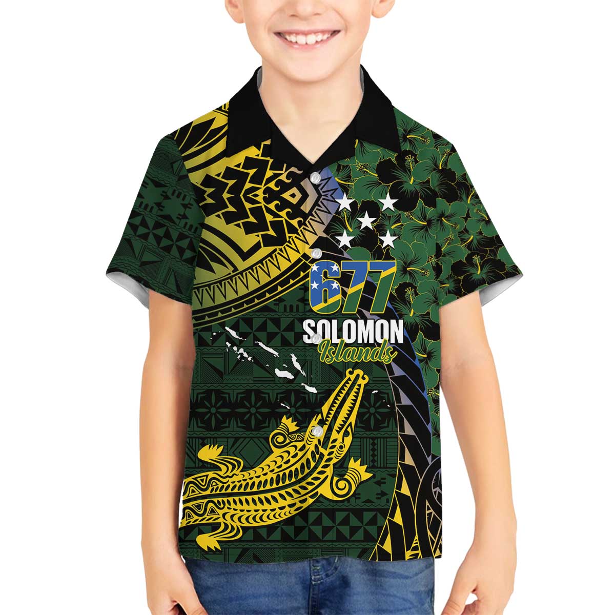 Solomon Islands Family Matching Off The Shoulder Long Sleeve Dress and Hawaiian Shirt 677 Proud Crocodile Melanesian Pattern LT14 Son's Shirt Black - Polynesian Pride
